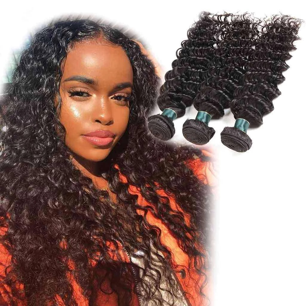 3 Bundles 9A Deep Wave Human Hair Bundles Brazilian Virgin Hair Natural Color