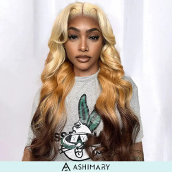 613 Blonde Brown Ombre Body Wave 13x4 Transparent Lace Front Wigs Ashimary Human Hair