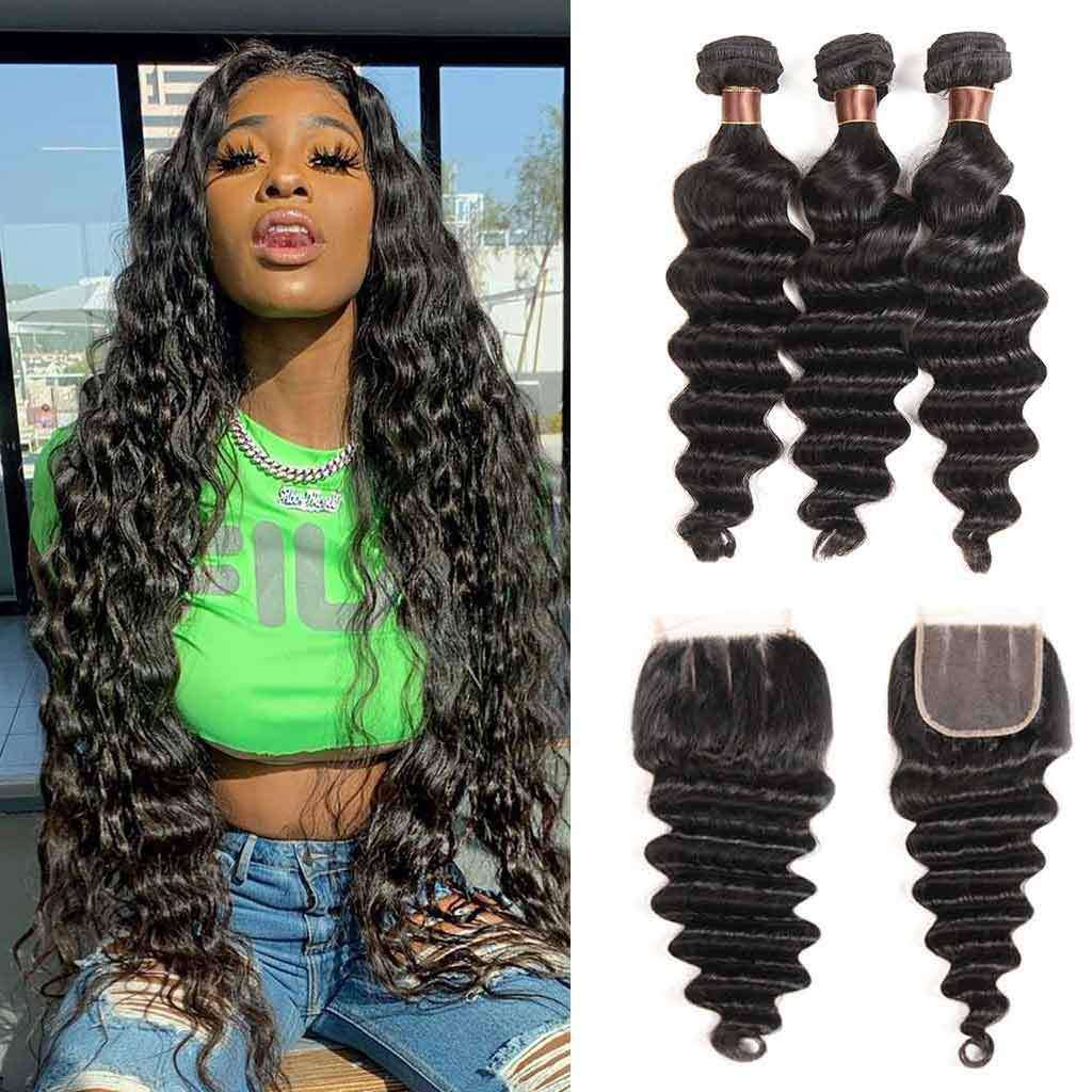 9A Loose Deep Wave Virgin Hair Bundles with Closure Natural Color 100% Human Hair