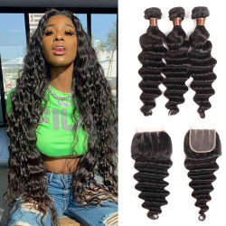 9A Loose Deep Wave Virgin Hair Bundles with Closure Natural Color 100% Human Hair