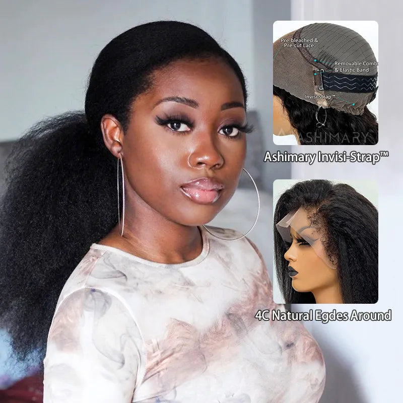 Ashimary 4C Edges Invisi-Strap™ Snug Fit 360 Transparent Lace Frontal Kinky Straight Wig with Curly Baby Hair All Around 360 degree Pre Bleached Knots