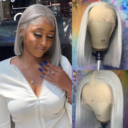 BOGO Silver Gray Short Bob Wig Transparent Lace Wig 180%