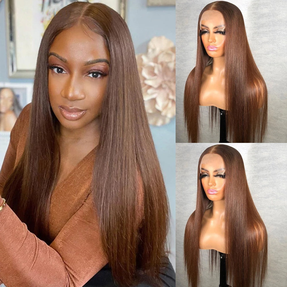 Chestnut Brown 4x4 13x4 13x6 Lace Wigs Pre-plucked 4# Straight Human Hair Front Wigs Luxurious Customization