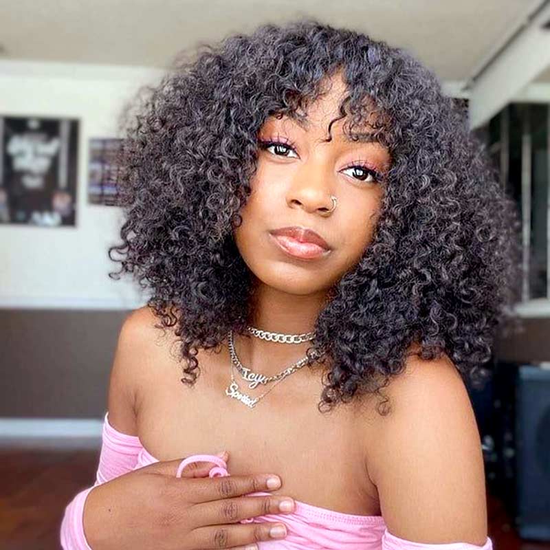 Curly Wig with Bangs Cost-effective To-Go Wig 10A Human Hair