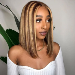 Double Drawn Brown Highlight Bob Lace Wig Brazilian Human Hair