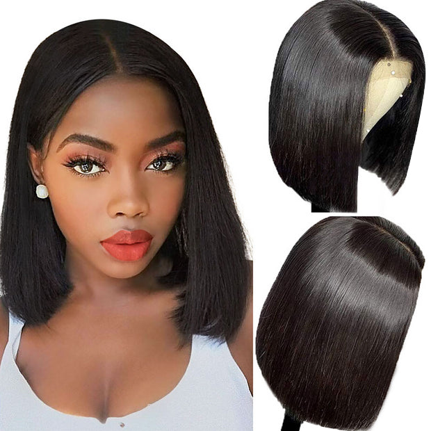 Glueless Blunt Cut Bob Transparent Lace Wig 10A Double Drawn Human Hair