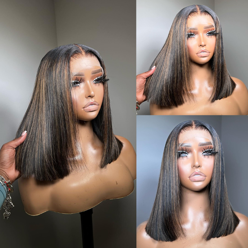 Highlight Mixed Blunt Cut Bob Transparent Lace Wigs