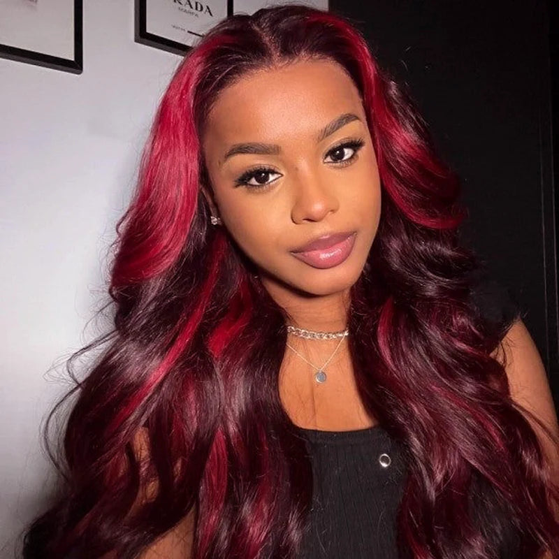 Highlight Red with Burgundy 99J Colored Body Wave Human Hair Wig 4x4 5x5 & 13x4 Transparent Lace Front Wig Pre Plucked 13X6 Lace Frontal Wig Ashimary