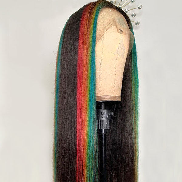 Highlight Skunk Stripe Rainbow 4x4 13x4 Lace Wigs Pre Plucked With Baby Hair