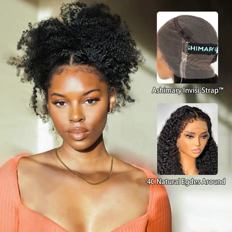 Kinky Curly 4C Edges Invisi Strap Laid Flat 360 Transparent Lace Wig Pre Bleached Knots with Curly Baby Hair All Around