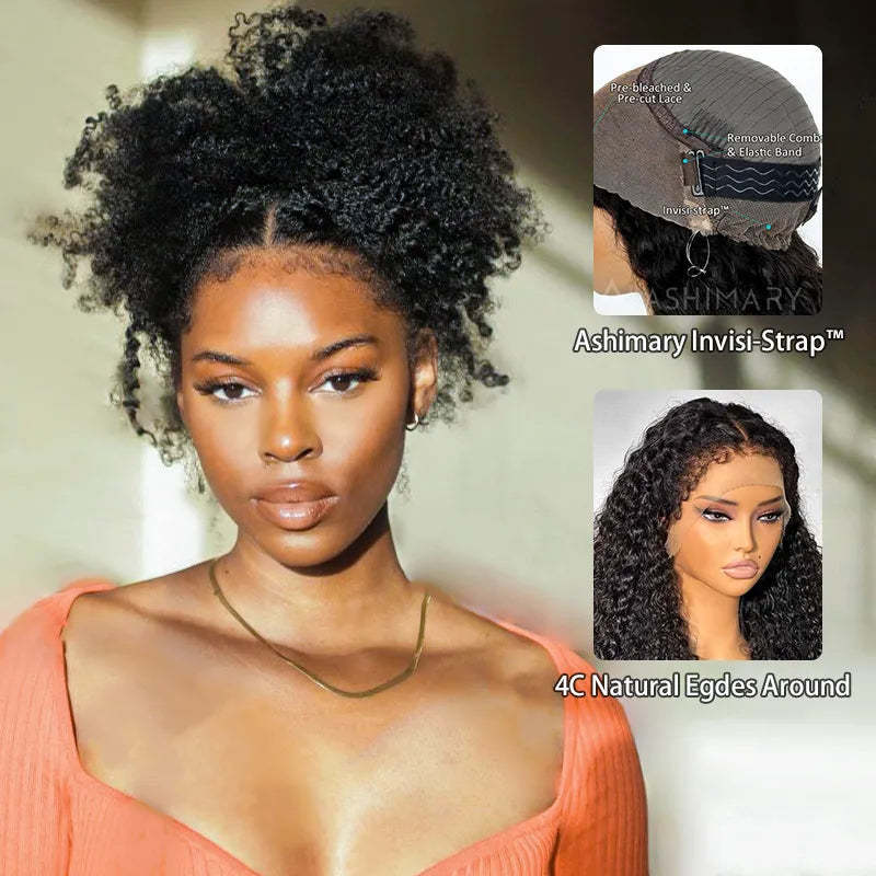 Kinky Curly 4C Edges Invisi-Strap™ Laid Flat 360 Transparent Lace Wig Pre Bleached Knots with Curly Baby Hair All Around