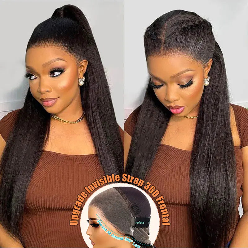 Light Yaki Straight Invisi Strap Snug Fit 360 Transparent Lace Frontal Bleached Knots Pre Cut Lace Wig Natural Color