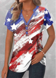 Modlily 4th of July Tops for Women Patriotic Multi Color Button Usa Flag Print T Shirt - M