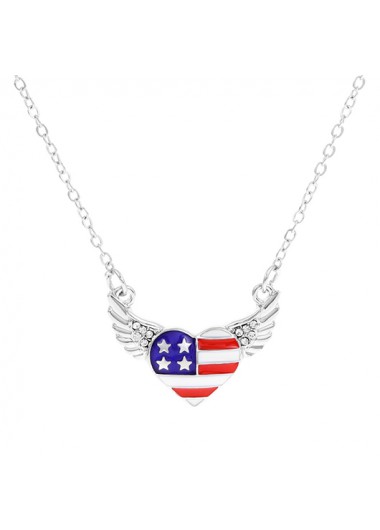 Modlily American Flag Blue Heart Alloy Necklace - One Size