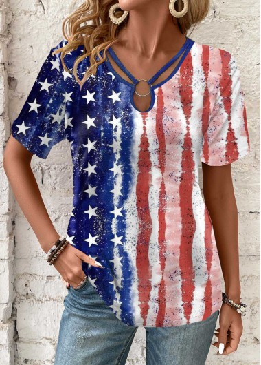 Modlily American Flag Multi Color Circular Ring T Shirt - M