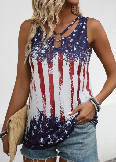 Modlily American Flag Multi Color Cut Out Sleeveless Tank Top - S