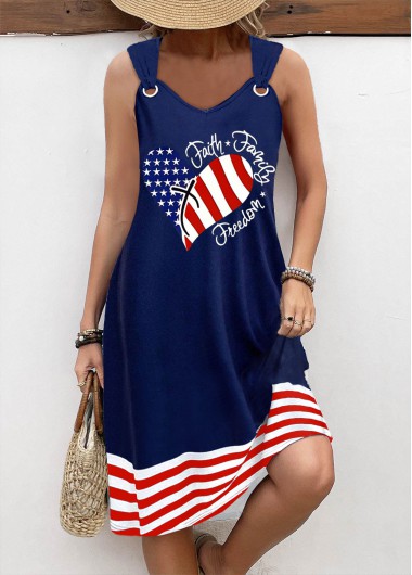 Modlily American Flag Navy Circular Ring A Line Sleeveless Dress - S