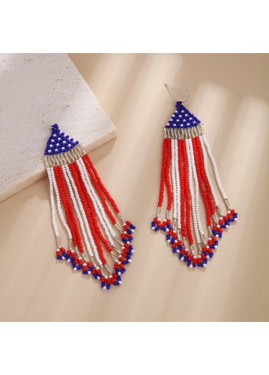 Modlily American Flag Red Tassel Beaded Earrings - One Size