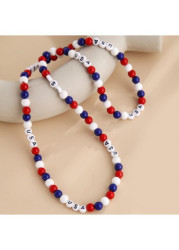 Modlily American Flag Round Letter Design Red Necklace - One Size