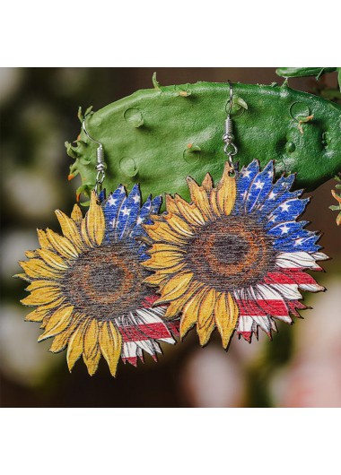 Modlily American Flag Sunflower Gold Wood Earrings - One Size