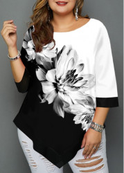 Modlily Asymmetric Hem Plus Size Floral Print T Shirt - 1X