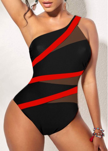 Modlily Asymmetry Black Contrast One Piece Swimwear - XXL