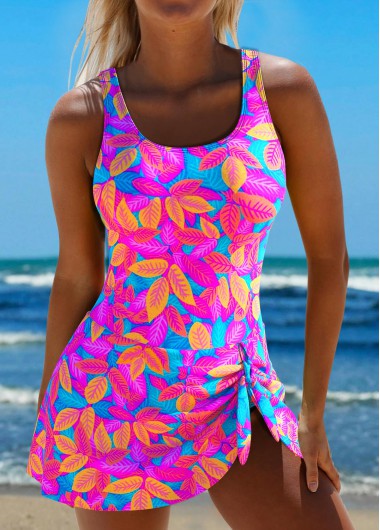 Modlily Asymmetry Leaf Print Hot Pink One Piece Swimdress - S