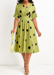 Modlily Avocado Green Belted Criss Cross Polka Dot Dress - S