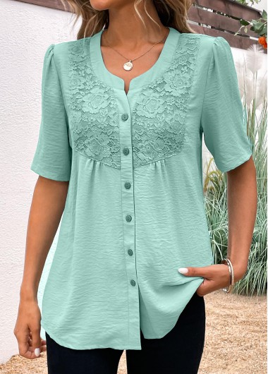 Modlily Avocado Green Button Short Sleeve Split Neck Blouse - M