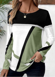 Modlily Avocado Green Patchwork Geometric Print Long Sleeve T Shirt - S