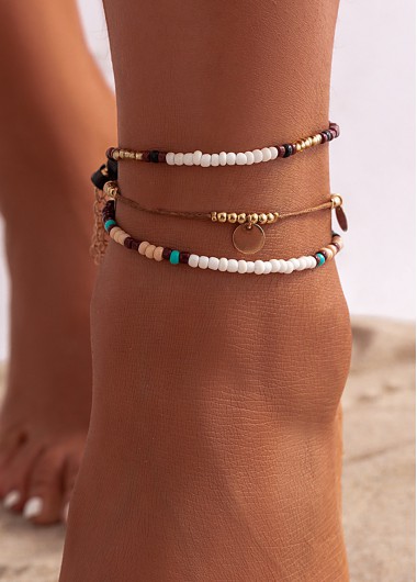 Modlily Beaded Dark Coffee Round Anklet Set - One Size