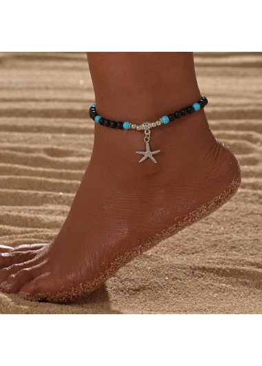 Modlily Beaded Geometric Black Starfish Polyresin Anklet - One Size