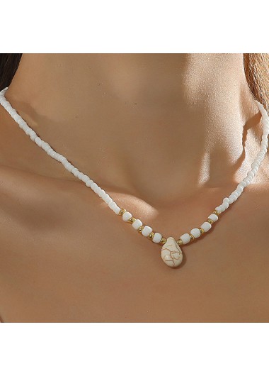 Modlily Beaded Seashell Detail White Polyresin Necklace - One Size