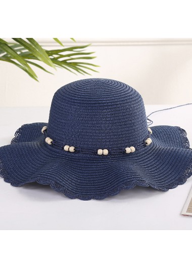 Modlily Beads Navy Scalloped Hem Straw Hat - One Size