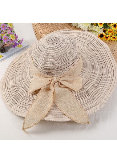 Modlily Beige Bowknot Detail Striped Sun Hat - One Size