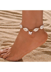 Modlily Beige Butterfly Adjustable Shell Beaded Anklet - One Size