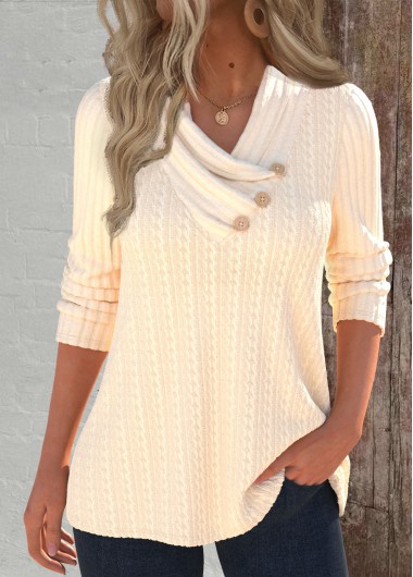 Modlily Beige Button Long Sleeve Asymmetrical Neck Sweatshirt - S