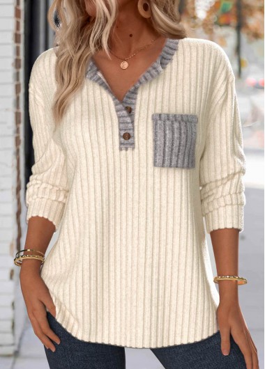 Modlily Beige Button Long Sleeve Split Neck Sweatshirt - M