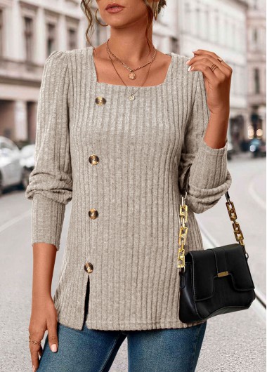 Modlily Beige Button Long Sleeve Square Neck T Shirt - M