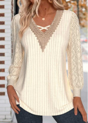 Modlily Beige Criss Cross Long Sleeve V Neck T Shirt - M