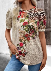 Modlily Beige Cut Out Floral Print Short Sleeve T Shirt - S