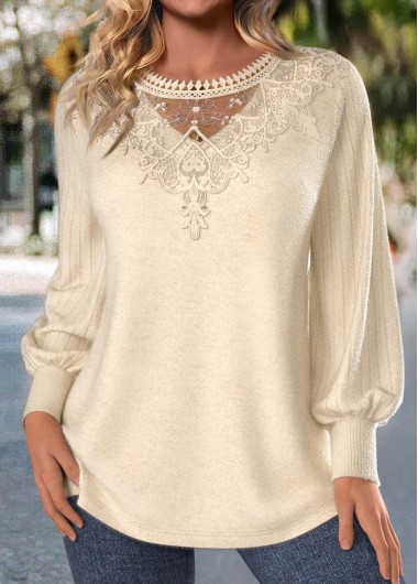 Modlily Beige Embroidery Long Sleeve Round Neck T Shirt - S