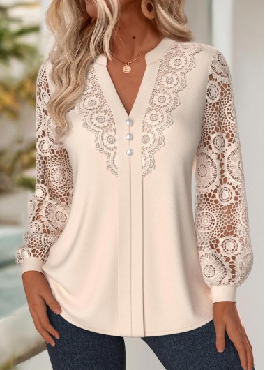 Modlily Beige Embroidery Long Sleeve Split Neck Blouse - S