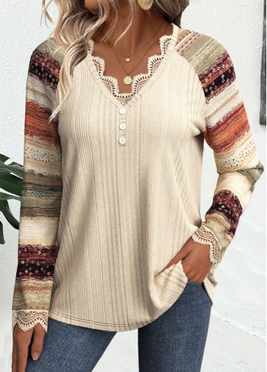 Modlily Beige Embroidery Striped Long Sleeve V Neck T Shirt - S