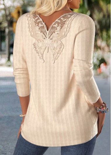 Modlily Beige Lace Long Sleeve Round Neck T Shirt - S