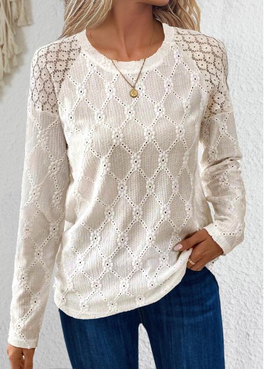 Modlily Beige Lace Long Sleeve Round Neck T Shirt - XXL