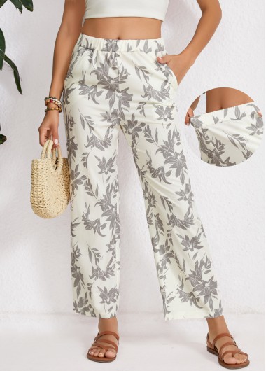 Modlily Beige Leaf Print Elastic Waist High Waisted Pants - S