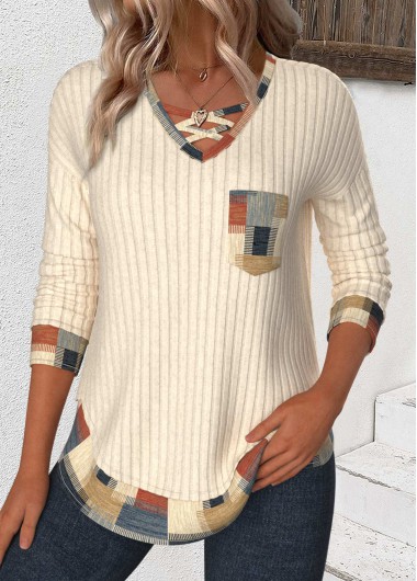 Modlily Beige Patchwork Geometric Print Long Sleeve T Shirt - S