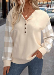 Modlily Beige Patchwork Plaid Long Sleeve Round Neck Sweatshirt - S