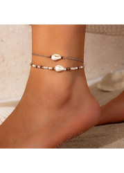 Modlily Beige Shell Alloy Beaded Anklets Set - One Size